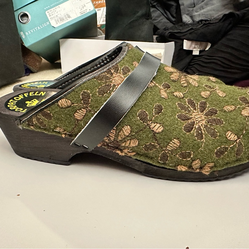 Haflinger Green and Brown Wool Floral Clogs